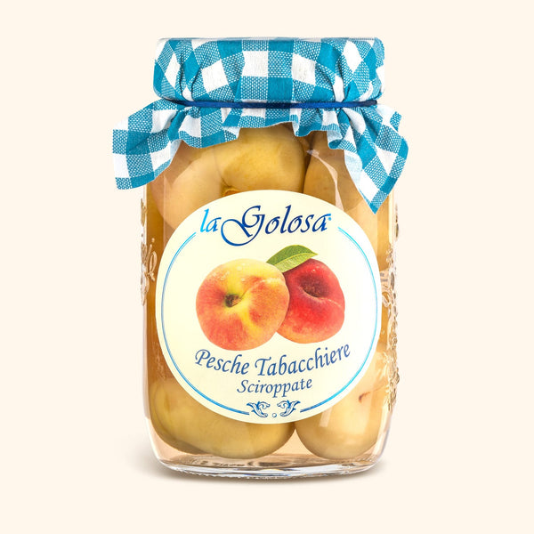 Pesche Tabacchiere Sciroppate di La Golosa, vaso da 500 g.